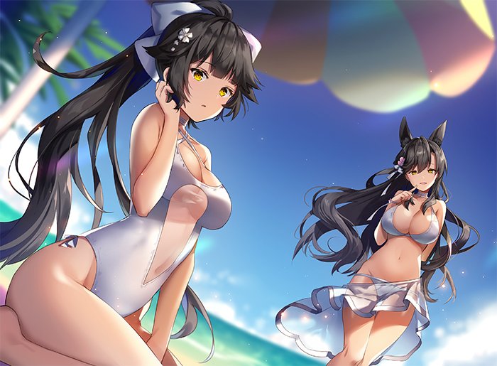 alternate_costume animal_ears arm_behind_back atago_(azur_lane) azur_lane bangs beach beach_umbrella between_legs black_hair blue_sky blurry blurry_background blush bow breasts brown_eyes cleavage criss-cross_halter each extra_ears finger_to_mouth floating_hair groin hair_bow hair_flaps hair_ornament hair_ribbon half-closed_eyes halterneck hand_between_legs hand_in_hair head_tilt large_breasts long_hair looking_at_viewer mole mole_under_eye multiple_girls navel non_(nobu) ocean one-piece_swimsuit outdoors palm_leaf ponytail ribbon sand sarong see-through sidelocks sitting sky smile standing stomach swept_bangs swimsuit takao_(azur_lane) taut_clothes taut_swimsuit umbrella very_long_hair white_bow white_ribbon yokozuwari