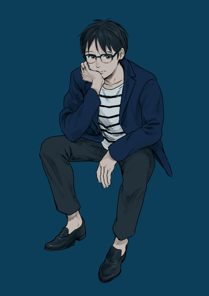 1boy black_hair blazer blue-framed_eyewear blue_background brown_eyes chin_rest ganpiro glasses jacket jewelry katsuki_yuuri male_focus pants ring shirt sitting striped striped_shirt yuri!!!_on_ice