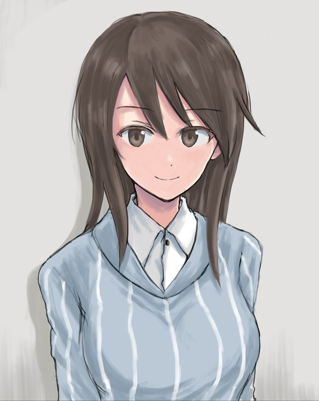 1girl bangs blue_shirt brown_eyes brown_hair closed_mouth commentary dress_shirt girls_und_panzer grey_background keizoku_school_uniform long_hair long_sleeves looking_at_viewer mika_(girls_und_panzer) mutsu_(layergreen) no_hat no_headwear portrait school_uniform shirt smile solo striped striped_shirt vertical-striped_shirt vertical_stripes white_shirt wing_collar