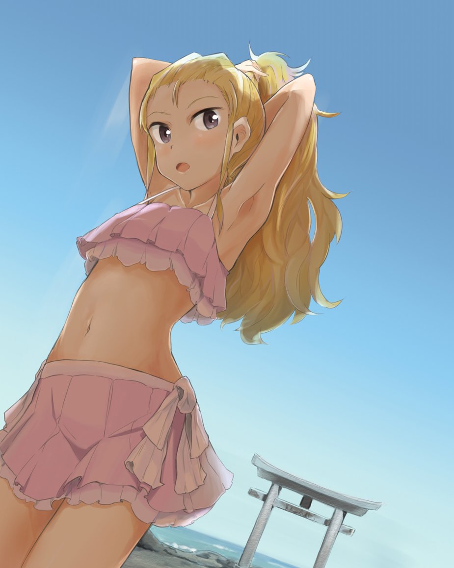 1girl adjusting_hair armpits arms_behind_head arms_up assam bikini bikini_skirt blonde_hair blue_eyes blue_sky commentary_request cowboy_shot day dutch_angle girls_und_panzer hair_pulled_back layered_bikini light_smile long_hair looking_at_viewer navel ocean open_mouth outdoors pink_bikini shuiro_(frog-16) sky solo standing swimsuit torii