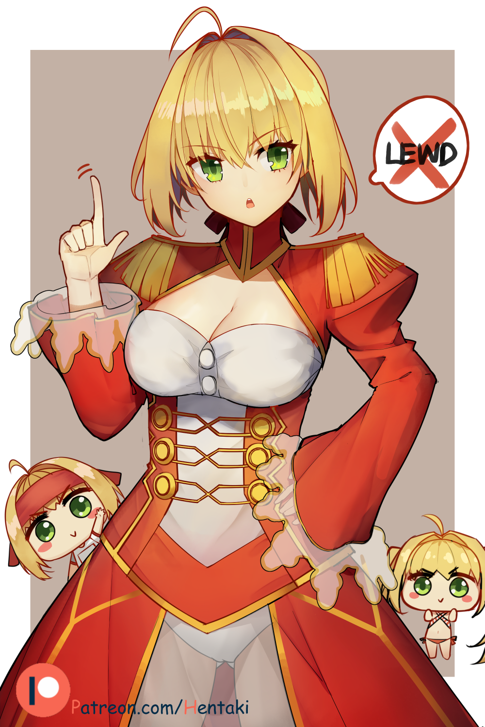 3girls :&gt; ahoge bikini blonde_hair blush_stickers breasts brown_background chibi cleavage closed_mouth commentary criss-cross_halter dress epaulettes fate/extra fate/grand_order fate_(series) finger_wagging green_eyes gym_shirt hair_intakes hairband halterneck hand_up head_tilt hentaki highres index_finger_raised juliet_sleeves large_breasts long_hair long_sleeves multiple_girls navel nero_claudius_(fate) nero_claudius_(fate)_(all) nero_claudius_(swimsuit_caster)_(fate) olympian_bloomers parted_lips puffy_sleeves red_dress red_hairband see-through shirt short_sleeves striped striped_bikini swimsuit twintails two-tone_background v-shaped_eyebrows watermark web_address white_background white_shirt