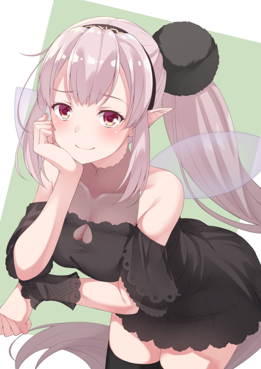 1girl bangs bare_shoulders black_dress black_hairband black_legwear blue_wings blush breasts cleavage closed_mouth collarbone covered_collarbone dress elf elu_(nijisanji) eyebrows_visible_through_hair fairy_wings green_background hairband highres leaning_forward light_brown_hair long_hair medium_breasts nijisanji pointy_ears red_eyes see-through side_ponytail smile solo thigh-highs transparent_wings two-tone_background very_long_hair virtual_youtuber white_background wings yuuri_nayuta