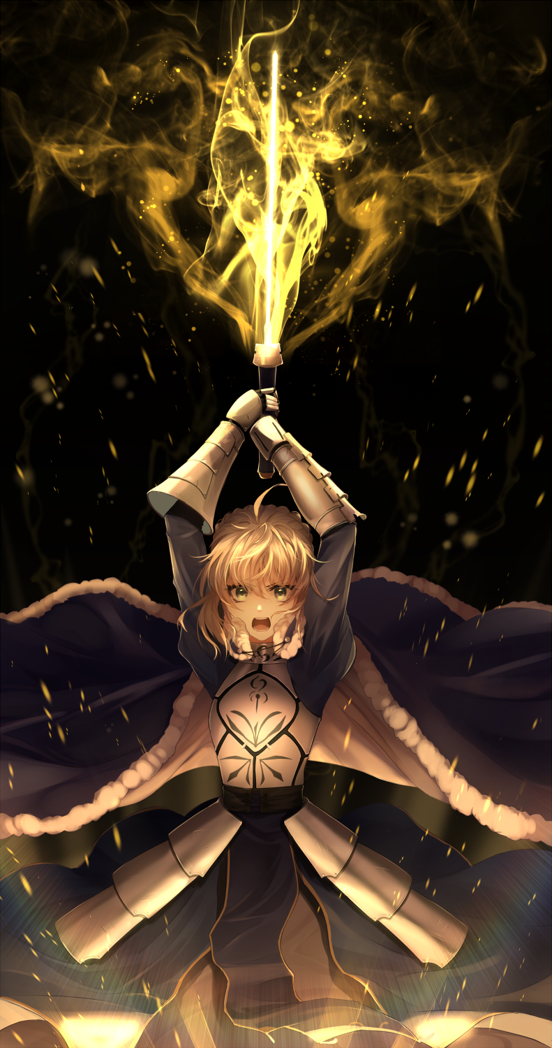 1girl ahoge armor armored_dress arms_up artoria_pendragon_(all) bangs blonde_hair blue_cloak blue_dress blush braid breastplate cloak commentary_request dress excalibur eyebrows_visible_through_hair fate/stay_night fate_(series) fur-trimmed_cloak fur_trim gauntlets glowing glowing_sword glowing_weapon green_eyes hair_between_eyes highres holding holding_sword holding_weapon koruta_(nekoimo) long_sleeves looking_at_viewer open_mouth round_teeth saber solo sword teeth upper_teeth v-shaped_eyebrows weapon