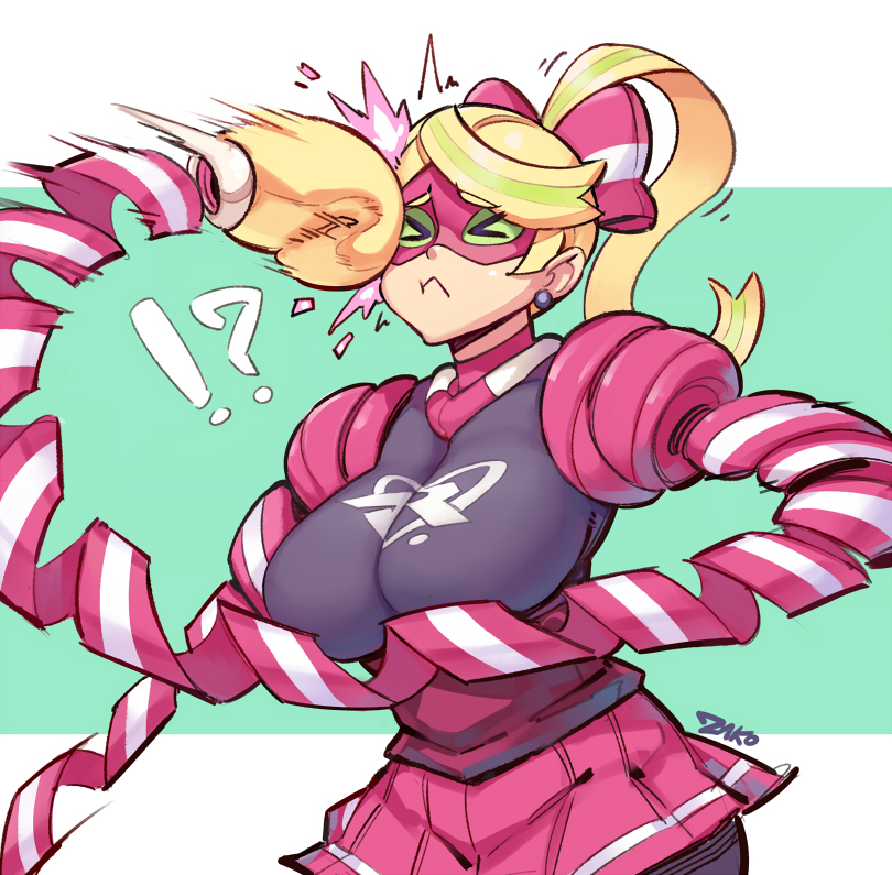 !? &gt;_&lt; 1girl :&lt; arms_(game) artist_name blonde_hair bow boxing_gloves breasts earrings frown hair_bow hips jewelry large_breasts logo long_hair mask ponytail ribbon_girl_(arms) signature skirt solo zako_(arvinry)