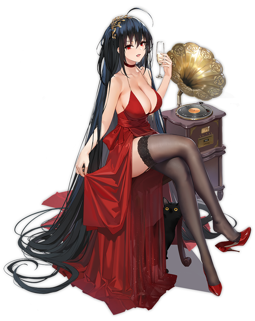 1girl absurdly_long_hair ahoge alcohol artist_request azur_lane black_cat black_hair black_legwear breasts cat champagne choker cleavage dress full_body garter_straps hairband high_heels huge_breasts long_dress long_hair looking_at_viewer official_art open_mouth phonograph red_dress red_eyes sidelocks solo taihou_(azur_lane) thigh-highs transparent_background very_long_hair