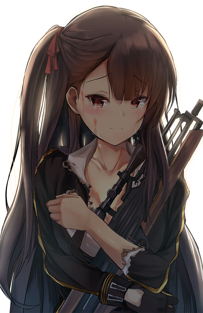 1girl asymmetrical_bangs bangs black_gloves black_jacket blood blood_on_face blush breasts brown_hair bullpup burnt_clothes cleavage closed_mouth collarbone collared_shirt crying crying_with_eyes_open eyebrows_visible_through_hair girls_frontline gloves gun hair_ribbon happy_tears highres jacket long_hair long_sleeves medium_breasts namesake object_hug object_namesake one_side_up red_eyes red_ribbon ribbon rifle septet_(zrca_janne) shirt simple_background single_glove sleeves_past_elbows smile sniper_rifle solo straight_hair tears upper_body very_long_hair wa2000_(girls_frontline) walther walther_wa_2000 weapon white_background white_shirt