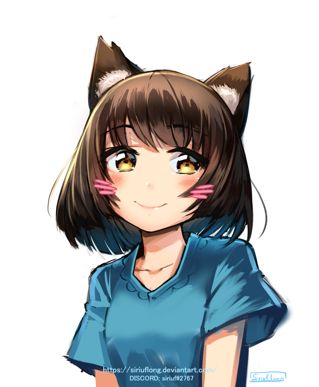 1girl animal_ears arms_at_sides artist_name blue_shirt blush brown_eyes brown_hair cat_ears closed_mouth commentary deviantart_username discord_tag eyebrows_visible_through_hair highres looking_at_viewer original shirt short_hair short_sleeves sirious_long smile solo upper_body watermark web_address whisker_markings