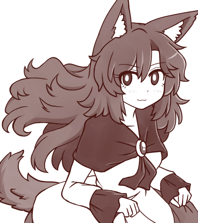 1girl :3 animal_ear_fluff animal_ears bangs blush breasts brooch collarbone commentary dress eyebrows_visible_through_hair greyscale hair_between_eyes imaizumi_kagerou jewelry long_hair long_sleeves looking_at_viewer medium_breasts monochrome simple_background skirt_hold sleeves_past_wrists smile solo tail touhou upper_body white_background wolf_ears wolf_tail wool_(miwol)
