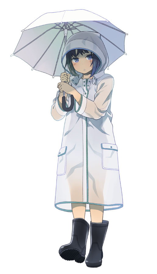 1girl bangs black_footwear blue_eyes blue_hair blush boots full_body green_hair holding holding_umbrella long_hair long_sleeves mattaku_mousuke multicolored_hair original parted_lips raincoat rubber_boots see-through simple_background solo standing two-tone_hair umbrella white_background white_umbrella