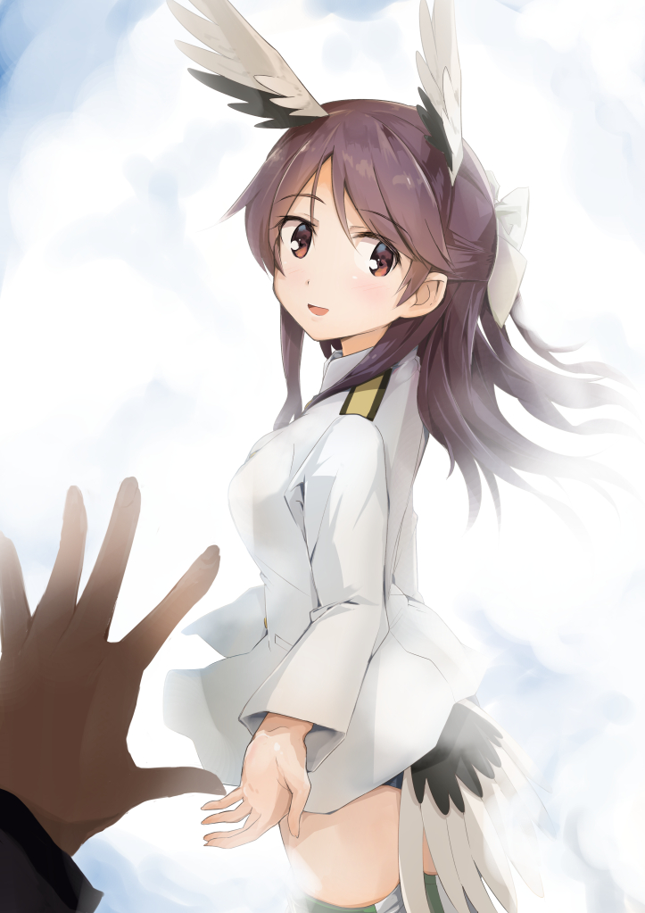 1girl animal_ears bird_ears bird_tail bow brave_witches brown_eyes brown_hair clouds cloudy_sky commentary eyebrows_visible_through_hair flying from_side hair_bow jacket karibuchi_takami long_hair long_sleeves looking_at_viewer military military_uniform no_pants open_mouth outdoors pov shuiro_(frog-16) sky smile solo standing swimsuit swimsuit_under_clothes uniform white_background white_jacket world_witches_series