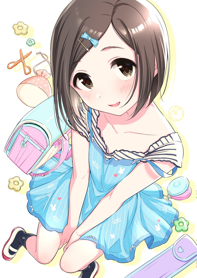 1girl backpack backpack_removed bag between_legs blue_dress brown_eyes brown_hair dress from_above hair_ornament hairclip hand_between_legs knees_together_feet_apart looking_up open_mouth original randoseru shoes short_dress short_hair sitting smile socks solo tsukana_(saba_mizore)