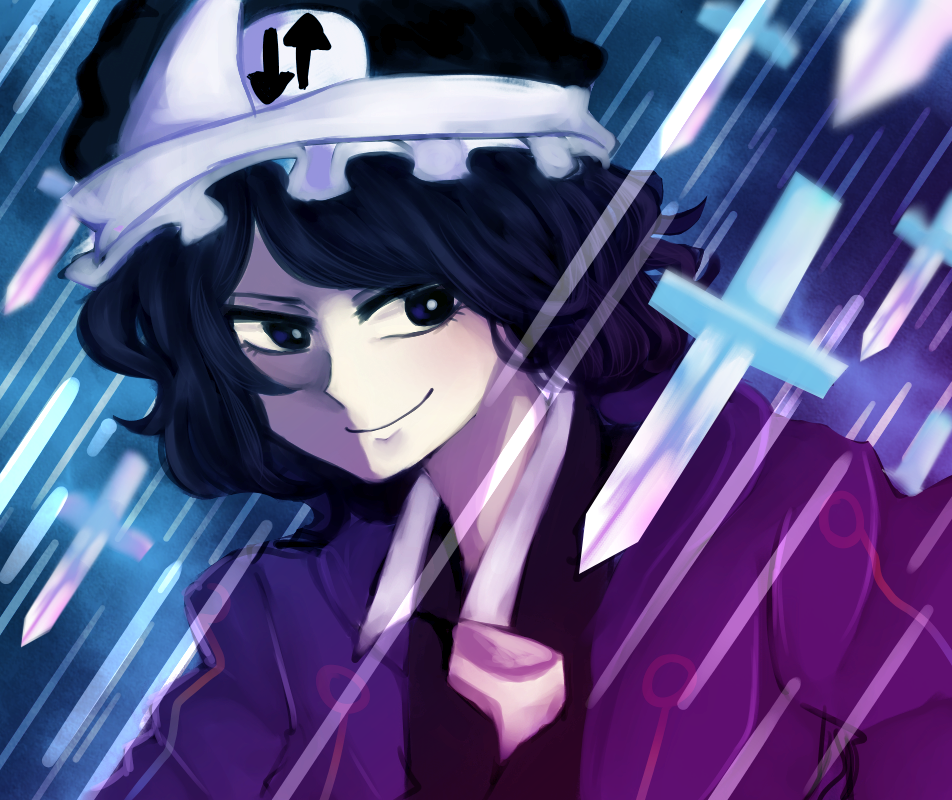 1other androgynous black_hair danmaku frilled_hat frills hat hood hooded_jacket hoodie jacket knife len'en m40u necktie shitodo_kuroji short_hair smile solo triangular_headpiece