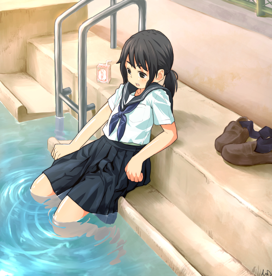 1girl arm_support black_air black_eyes black_skirt blouse blue_neckwear brown_footwear hair_tie juice_box ladder leaning_back loafers medium_skirt neckerchief open_mouth original pleated_skirt ponytail pool school_uniform serafuku shoes shoes_removed short_sleeves skirt smile solo tessaku_ro wading wet wet_clothes white_blouse