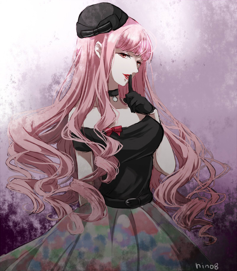 1girl bangs black_gloves black_hat black_shirt blunt_bangs collar finger_to_mouth gloves hat hino_(8) lipstick long_hair looking_at_viewer makeup miracle_nikki nikki_(miracle_nikki) patterned_clothing pink_eyes pink_hair red_lipstick red_ribbon ribbon shirt solo