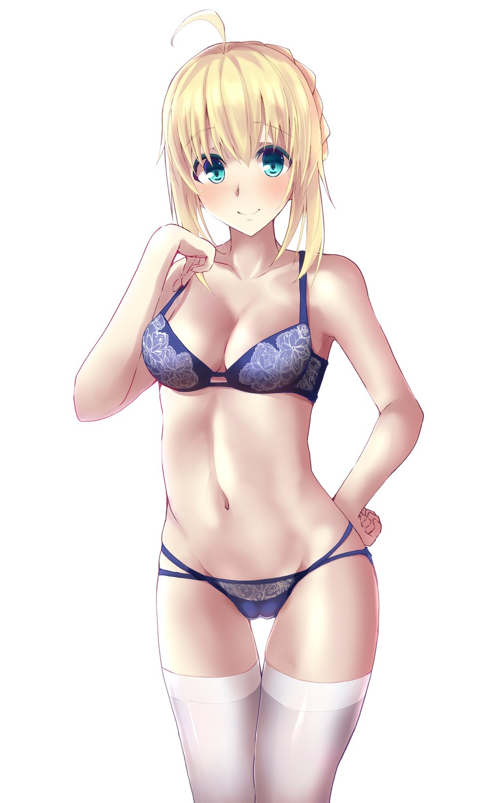 1girl ahoge artoria_pendragon_(all) blonde_hair blue_bra blue_eyes blue_panties blush bra breasts cleavage eyebrows_visible_through_hair fate/stay_night fate_(series) groin hair_between_eyes hand_on_hip highres hips medium_breasts navel panties rikudou_inuhiko saber smile solo strap_gap thigh-highs thigh_gap underwear underwear_only white_background white_legwear