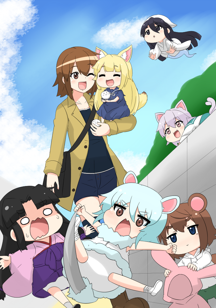 6+girls animal_costume animal_ears bag bear_ears black_hair blank_eyes blonde_hair blue_sky brown_eyes brown_hair bunny_costume cat_ears cat_tail chibi closed_eyes clouds commentary_request dress flying fox_ears fox_tail ghost ghost_tail hair_between_eyes hair_intakes jacket japanese_clothes kantai_collection kimono lifting_person multiple_girls multiple_tails open_mouth original pink_hair puchimasu! school_uniform serafuku shoulder_bag sky smile tail tama_(kantai_collection) wall yuureidoushi_(yuurei6214)