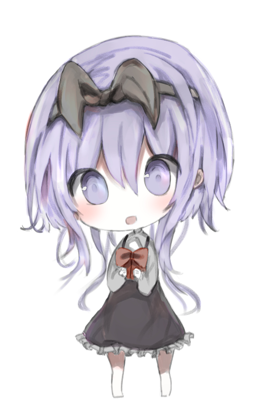 1girl :d bangs barefoot black_hairband black_ribbon black_skirt blush bow chibi cottontailtokki eyebrows_visible_through_hair frilled_skirt frills full_body grey_shirt hair_between_eyes hair_ribbon hairband long_hair long_sleeves open_mouth purple_hair red_bow ribbon shadowverse shingeki_no_bahamut shirt simple_background skirt smile solo spinaria_(shingeki_no_bahamut) standing suspender_skirt suspenders very_long_hair violet_eyes white_background