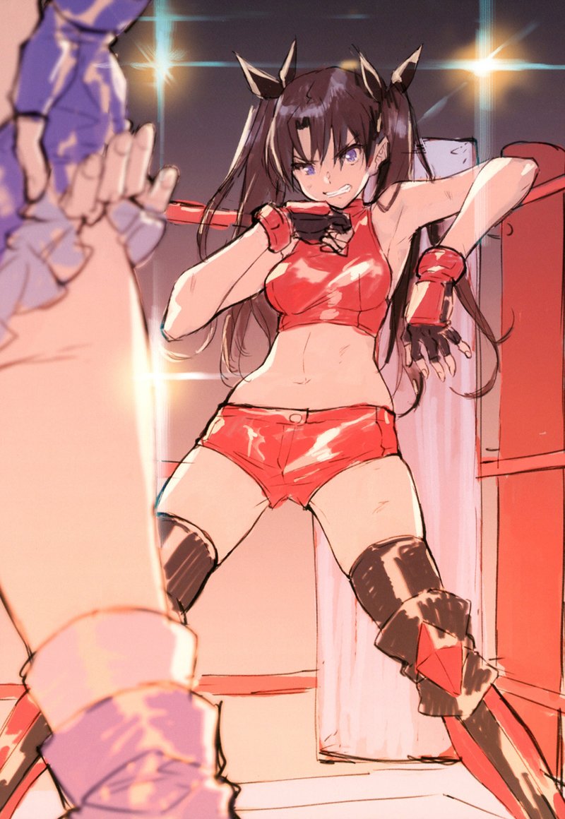 2girls artist_request boots clenched_teeth fate/hollow_ataraxia fate/stay_night fate_(series) fingerless_gloves gloves hair_ribbon luviagelita_edelfelt multiple_girls ribbon short_shorts shorts solo_focus teeth thigh-highs tohsaka_rin wrestling_outfit