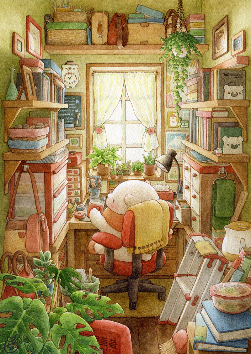 analog_clock bag bear blush book book_stack bookshelf broom clock coffee_mug cup curtains desk desk_lamp handbag holding holding_cup indoors kettle ladder lamp looking_away mug no_humans original scarf scenery sitting st.kuma swivel_chair traditional_media trash_can watercolor_(medium) window