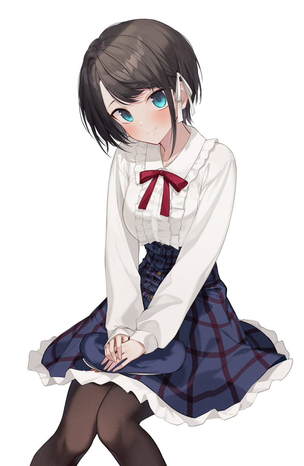 1girl bangs beret black_hair black_legwear blue_eyes blue_headwear blue_skirt blush breasts closed_mouth commentary cowboy_shot eyebrows_visible_through_hair frilled_shirt frills hair_ribbon hands_on_lap hands_together hat hat_removed headwear_removed highres hololive knees_together_feet_apart long_sleeves looking_at_viewer medium_breasts miniskirt neck_ribbon official_alternate_costume oozora_subaru pantyhose parted_bangs plaid plaid_skirt red_neckwear red_ribbon ribbon shirt shirt_tucked_in short_hair simple_background sitting skirt smile solo soya_(torga) virtual_youtuber white_background white_ribbon white_shirt
