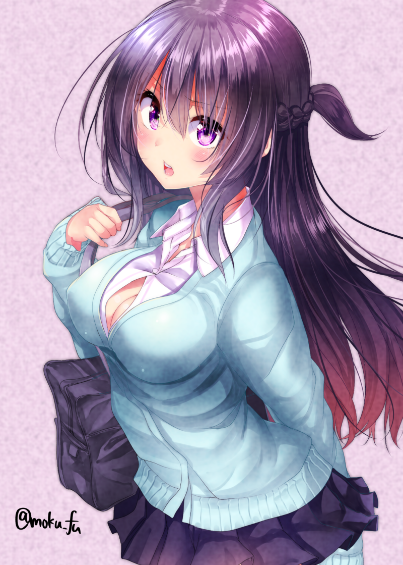 1girl bag bangs blue_cardigan blush braid breasts cardigan collared_shirt dress_shirt eyebrows_visible_through_hair fingernails hair_between_eyes hand_up holding large_breasts long_hair long_sleeves looking_at_viewer mokufuu one_side_up open_mouth original pleated_skirt purple_hair purple_skirt school_bag shirt sidelocks skirt sleeves_past_wrists solo twitter_username upper_teeth very_long_hair violet_eyes white_shirt