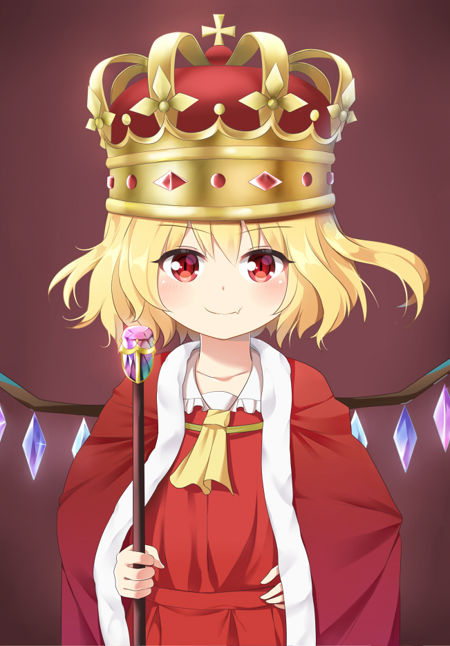 &gt;:) 1girl agung_syaeful_anwar ascot bangs blonde_hair brown_background cloak closed_mouth collarbone commentary commission crown crystal dress english_commentary eyebrows_visible_through_hair fang fang_out flandre_scarlet hair_between_eyes hand_on_hip holding holding_staff red_cloak red_dress red_eyes smile solo staff touhou v-shaped_eyebrows wings yellow_neckwear