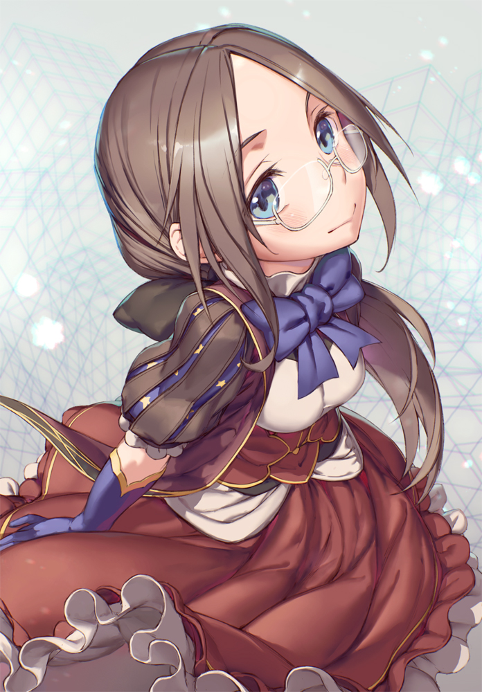 1girl bangs black_bow blue_bow blue_eyes blue_gloves blue_neckwear blush bow bowtie breasts brown_dress brown_hair chromatic_aberration closed_mouth commentary_request corset dress fate/grand_order fate_(series) floating_hair from_above glasses gloves grey_background hair_bow leonardo_da_vinci_(fate/grand_order) long_hair looking_at_viewer low_ponytail parted_bangs partial_commentary ponytail rotix semi-rimless_eyewear shiny shiny_hair short_sleeves sidelocks sideways_glance small_breasts smile solo under-rim_eyewear white-framed_eyewear younger