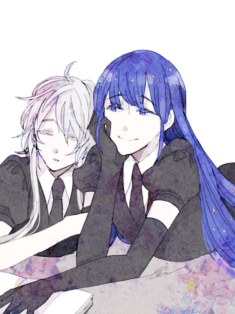 2others androgynous bangs blue_eyes blue_hair blunt_bangs closed_eyes colored_eyelashes eeennnka elbow_gloves gem_uniform_(houseki_no_kuni) ghost_quartz_(houseki_no_kuni) gloves houseki_no_kuni lapis_lazuli_(houseki_no_kuni) long_hair looking_at_another lying multiple_others necktie on_stomach short_hair_with_long_locks sleeping smile white_background white_hair