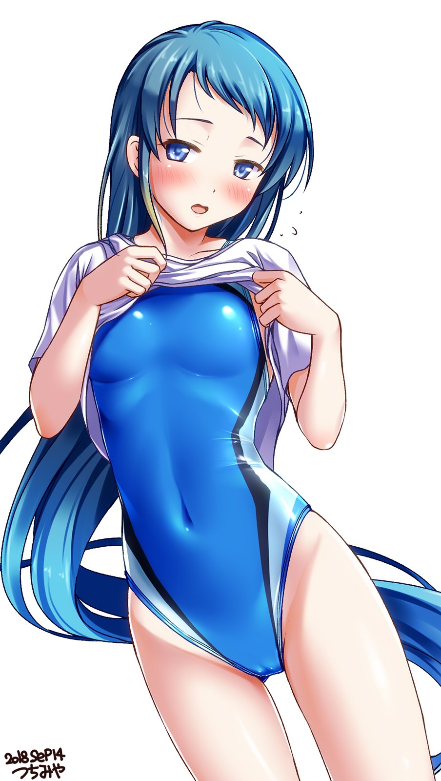 1girl bangs blue_eyes blue_hair blue_swimsuit commentary_request competition_swimsuit covered_navel cowboy_shot flat_chest flying_sweatdrops gradient_hair highres kantai_collection long_hair multicolored_hair one-piece_swimsuit samidare_(kantai_collection) shirt shirt_lift simple_background solo standing swept_bangs swimsuit tsuchimiya very_long_hair white_background white_shirt