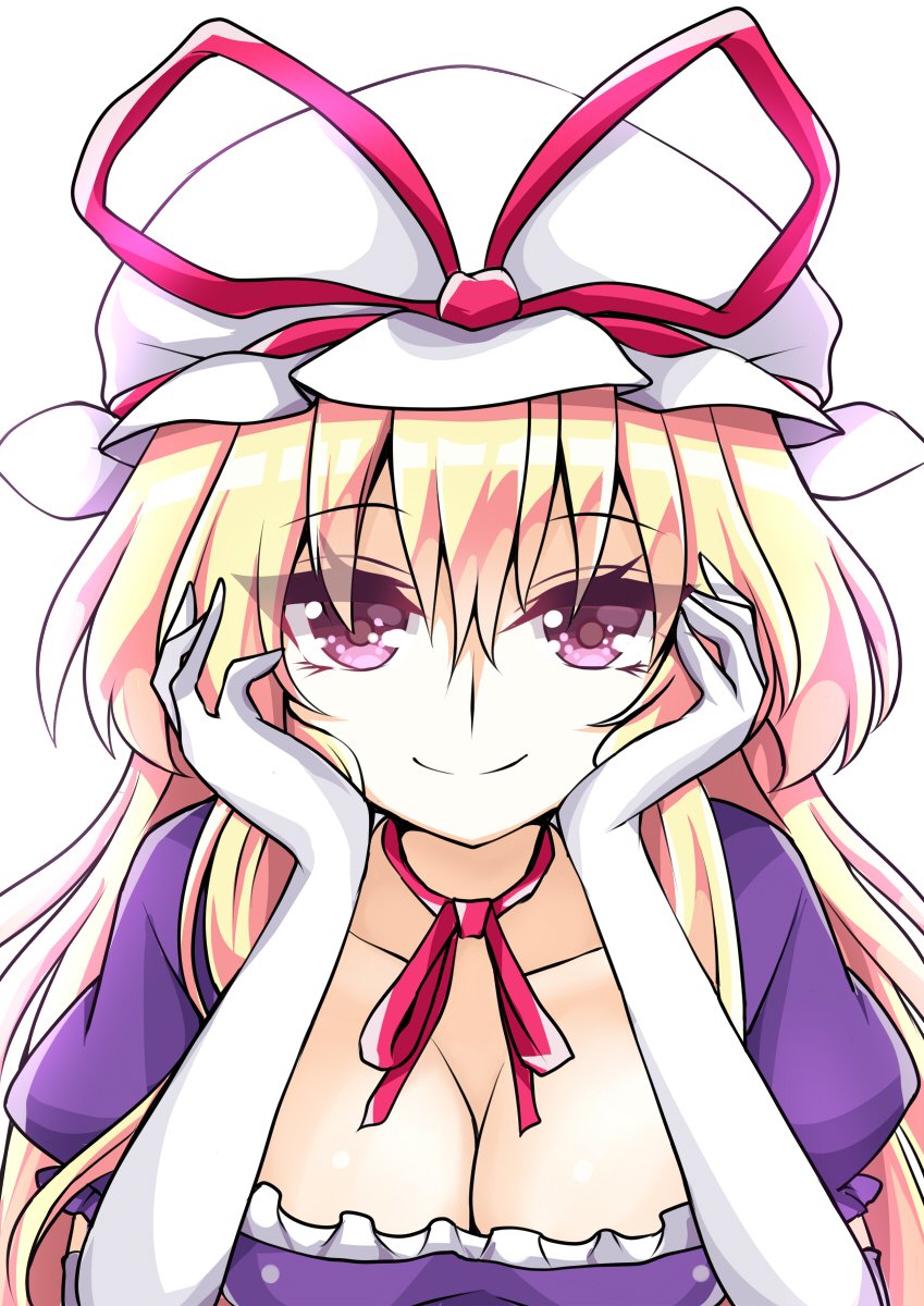 1girl aki_chimaki bangs blonde_hair breasts chin_rest choker cleavage closed_mouth collarbone dress elbow_gloves eyebrows_visible_through_hair frilled_dress frills gloves hair_between_eyes hat hat_ribbon highres long_hair looking_at_viewer medium_breasts mob_cap puffy_short_sleeves puffy_sleeves purple_dress red_ribbon ribbon ribbon_choker short_sleeves simple_background smile solo staring touhou upper_body violet_eyes white_background white_gloves yakumo_yukari