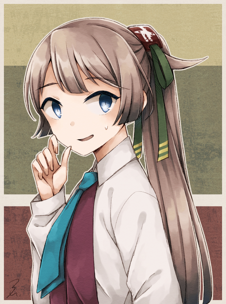 1girl blue_eyes blue_neckwear brown_hair collared_shirt eyebrows_visible_through_hair from_side gradient_hair green_ribbon hair_ribbon hand_up kantai_collection kazagumo_(kantai_collection) long_hair long_sleeves looking_at_viewer looking_to_the_side miroku_san-ju multicolored_hair necktie outline parted_lips ribbon school_uniform shirt signature solo sweatdrop upper_body white_outline white_shirt