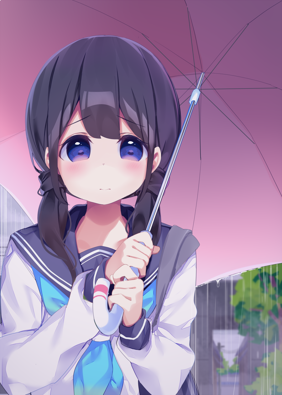 1girl bangs black_sailor_collar blue_neckwear blush brown_hair chikuwa. closed_mouth commentary_request day eyebrows_visible_through_hair hair_between_eyes hands_up highres holding holding_umbrella long_hair long_sleeves looking_at_viewer low_twintails neckerchief original outdoors pink_umbrella rain sailor_collar school_uniform serafuku shirt sleeves_past_wrists solo tree twintails umbrella violet_eyes water white_shirt