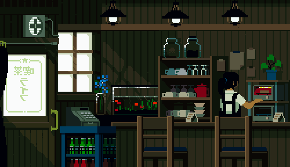1girl air_conditioner animated animated_gif black_hair bottle cafe cash_register chair cooking cup door fish fish_tank from_behind indoors lamp long_hair original plant potted_plant revision shelf shirt short_sleeves solo toyoi_yuuta translated white_shirt window
