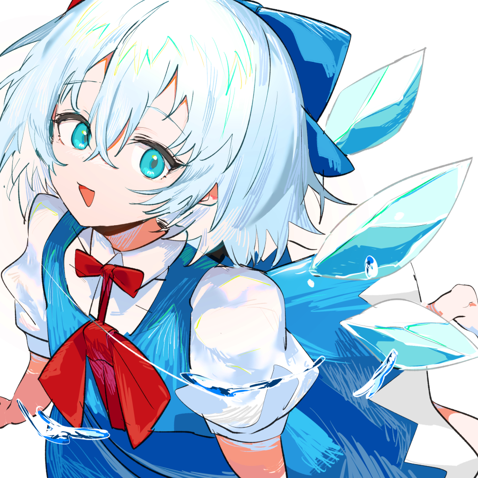 1girl :d bangs blue_bow blue_dress blue_eyes blue_wings bow cirno collared_shirt ddari detached_wings dress eyebrows_visible_through_hair hair_between_eyes hair_bow ice ice_wings looking_at_viewer partially_submerged puffy_short_sleeves puffy_sleeves red_bow shirt short_sleeves simple_background sleeveless sleeveless_dress smile solo touhou water white_background white_hair white_shirt wings