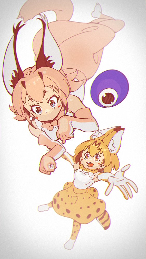 1g 2girls \o/ animal_ear_fluff animal_ears arms_up bare_shoulders blonde_hair blue_eyes blush bow bowtie caracal_(kemono_friends) caracal_ears caracal_tail cerulean_(kemono_friends) elbow_gloves eyebrows_visible_through_hair gloves high-waist_skirt kemono_friends light_brown_hair multicolored_hair multiple_girls outstretched_arms paw_pose serval_(kemono_friends) serval_ears serval_print serval_tail skirt sleeveless tail thigh-highs white_hair yellow_eyes