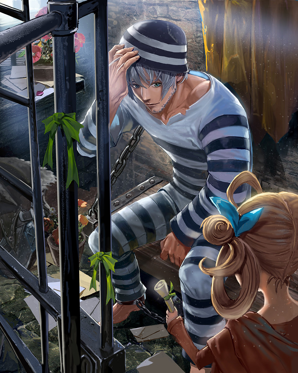 1boy 1girl ball_and_chain_restraint beard bench blue_bow bow brown_hair envelope facial_hair flower ggozira green_bow green_eyes grey_hair hair_bow hair_rings hat highres indoors letter light_rays looking_at_another official_art plant potted_plant prison prison_clothes prisoner sitting striped_clothes striped_hat stubble tenkuu_no_crystalia