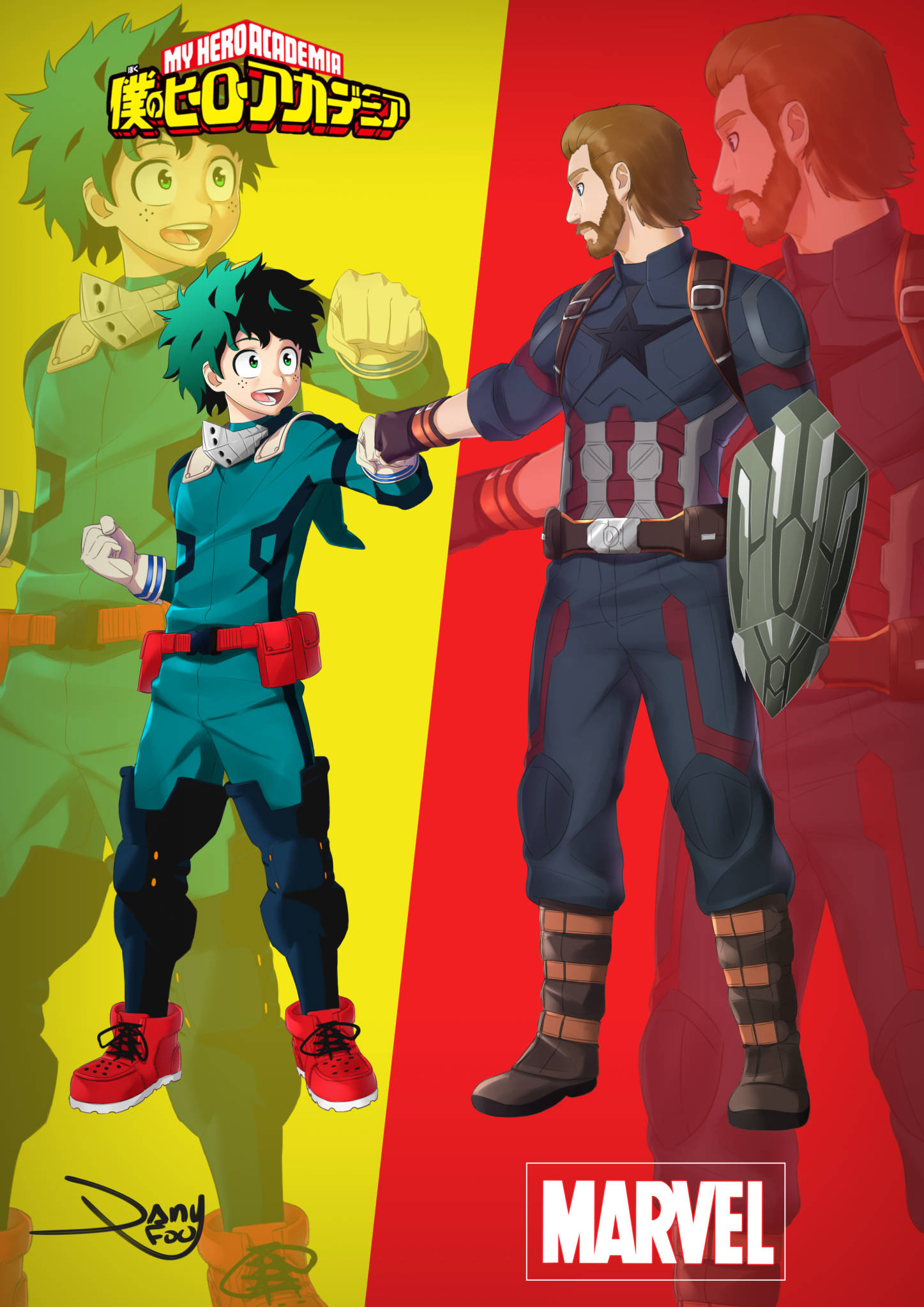 2boys :d artist_name avengers beard belt belt_pouch black_gloves black_legwear boku_no_hero_academia boots brown_footwear brown_hair captain_america clenched_hand copyright_name crossover danyfoo eye_contact facial_hair fist_bump freckles gloves green_eyes green_hair green_pants highres knee_pads looking_at_another male_focus marvel midoriya_izuku multiple_boys open_mouth pants pouch red_background red_footwear shield smile white_gloves yellow_background zoom_layer