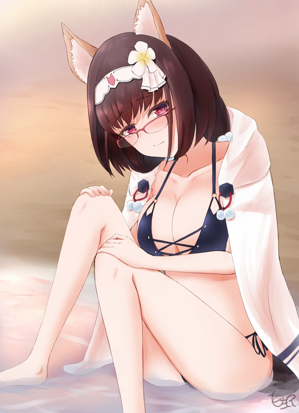 1girl alternate_costume animal_ears bangs beach bikini black_bikini black_hair blurry breasts cloak collarbone depth_of_field eyebrows_visible_through_hair fate/grand_order fate_(series) flower foot_out_of_frame fox_ears hair_flower hair_ornament hand_on_own_knee head_tilt headdress highres in_water knees_up large_breasts looking_at_viewer open_cloak osakabe-hime_(fate/grand_order) outdoors over-rim_eyewear red-framed_eyewear red_eyes semi-rimless_eyewear shirazawa short_hair side-tie_bikini signature sitting smile solo swimsuit tareme white_cloak