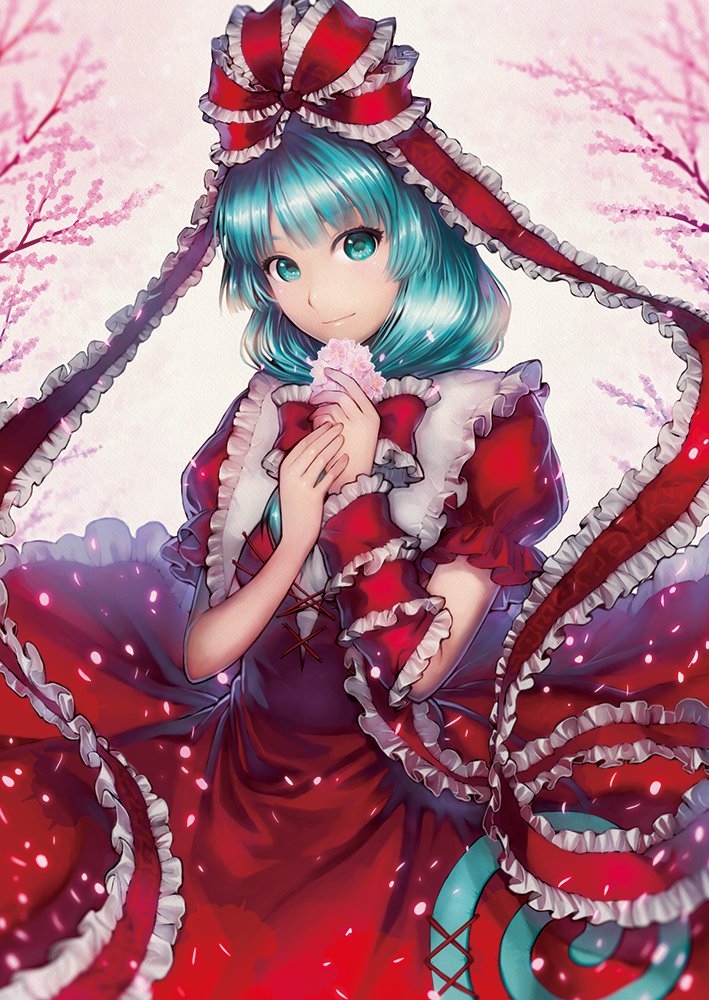 1girl aqua_eyes aqua_hair arm_ribbon bangs blurry bow cherry_blossoms closed_mouth depth_of_field dress flower frilled_bow frilled_ribbon frilled_shirt_collar frilled_sleeves frills front_ponytail glowing glowing_petals hair_ribbon holding holding_flower kageharu kagiyama_hina light_smile long_hair looking_at_viewer own_hands_together petals puffy_short_sleeves puffy_sleeves red_dress ribbon shiny shiny_hair short_sleeves solo touhou tree w_arms