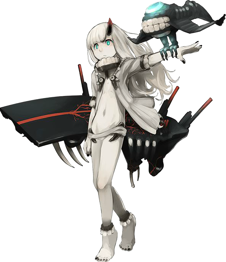 1girl abyssal_patrolling_attack_hawk aqua_eyes barefoot bird_on_arm black_nails closed_mouth flat_chest flight_deck full_body german_escort_hime horn jacket kantai_collection long_hair nail_polish official_art oni_horn open_clothes open_jacket outstretched_arm shibafu_(glock23) shinkaisei-kan solo teeth toenail_polish turret white_hair white_jacket white_skin