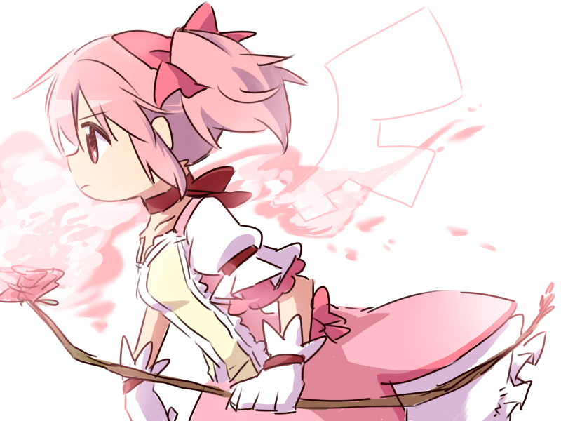 1girl bow breasts bubble_skirt choker eyebrows_visible_through_hair flower frown gloves hair_ribbon holding iwashi_(ankh) kaname_madoka looking_away mahou_shoujo_madoka_magica pink pink_eyes pink_flower pink_hair pink_ribbon pink_rose profile puffy_short_sleeves puffy_sleeves ribbon rose serious short_sleeves simple_background skirt small_breasts solo twintails upper_body walking white white_background white_gloves wings