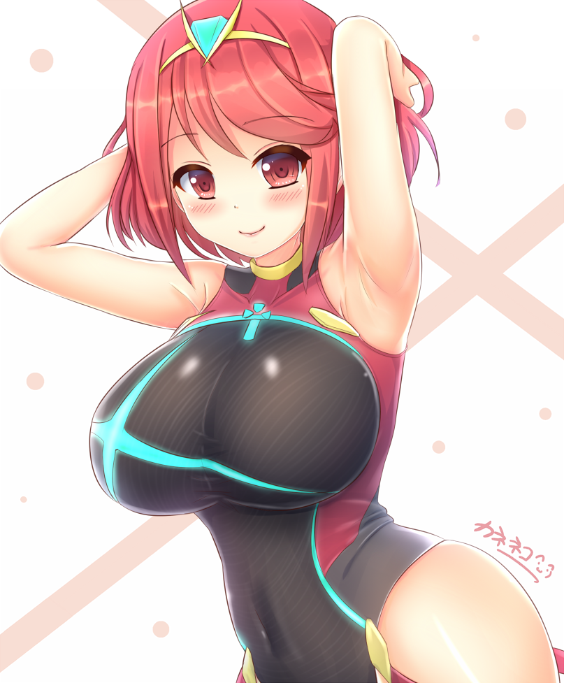 1girl armpits arms_behind_head arms_up bare_shoulders between_breasts black_swimsuit blush breasts covered_navel headpiece pyra_(xenoblade) jewelry kane-neko large_breasts nintendo one-piece_swimsuit red_eyes red_swimsuit redhead sidelocks solo swimsuit tiara xenoblade_(series) xenoblade_2