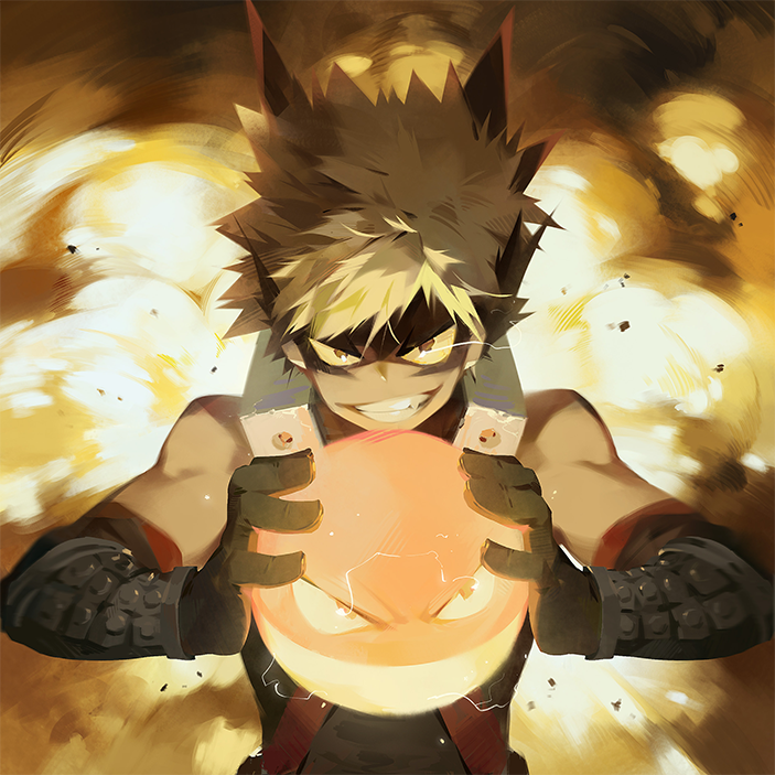 1boy a-shacho bakugou_katsuki black_gloves blonde_hair boku_no_hero_academia brown_eyes creatures_(company) explosion game_freak gen_1_pokemon gloves grin holding looking_at_viewer male_focus mask nintendo pokemon pokemon_(creature) smile spiky_hair trait_connection upper_body voltorb