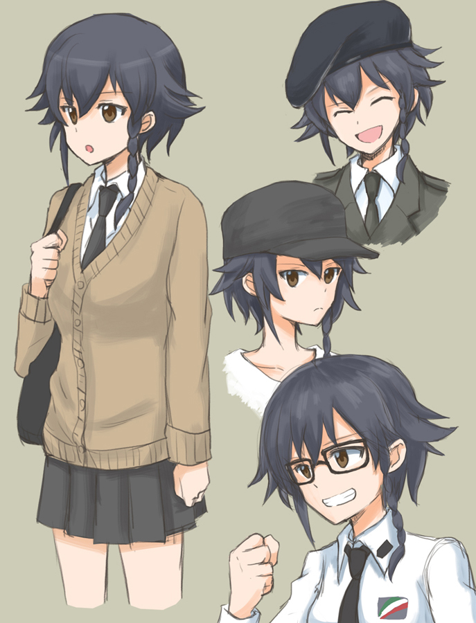 1girl :o adapted_uniform anzio_military_uniform anzio_school_uniform bag bangs baseball_cap beret bespectacled black-framed_eyewear black_hair black_hat braid brown_background brown_eyes brown_sweater cardigan casual clenched_hand closed_eyes closed_mouth commentary dress_shirt emblem frown girls_und_panzer glasses grey_jacket grin hat jacket long_sleeves looking_at_viewer military military_uniform miniskirt multiple_views mutsu_(layergreen) open_mouth pepperoni_(girls_und_panzer) pleated_skirt school_bag school_uniform shirt short_hair side_braid simple_background skirt smile sweater uniform white_shirt wing_collar winter_uniform