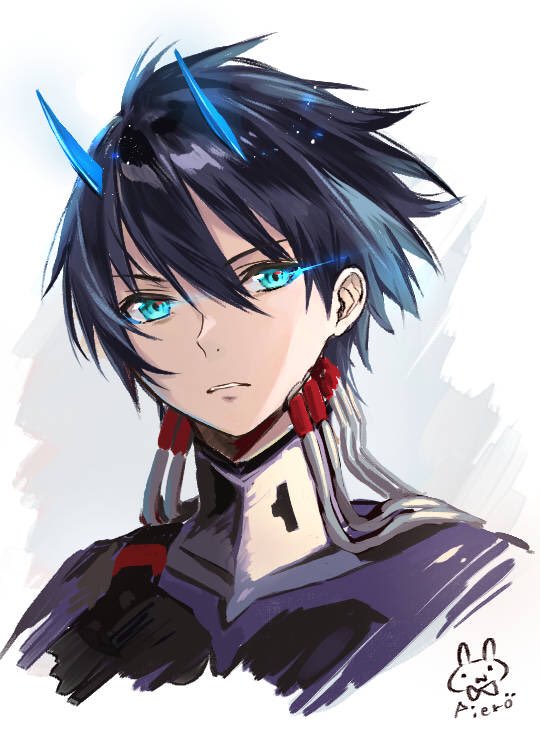 1boy bangs black_bodysuit black_hair blue_eyes blue_horns bodysuit commentary_request darling_in_the_franxx glowing glowing_eye hiro_(darling_in_the_franxx) horns looking_at_viewer male_focus oni_horns pierorabu pilot_suit signature solo tube