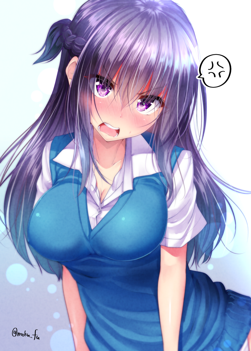 1girl anger_vein bangs blush braid breasts cleavage collarbone collared_shirt dress_shirt eyebrows_visible_through_hair hair_between_eyes head_tilt large_breasts long_hair looking_at_viewer mokufuu nose_blush one_side_up original purple_hair shirt short_sleeves solo spoken_anger_vein sweater_vest twitter_username very_long_hair violet_eyes white_shirt