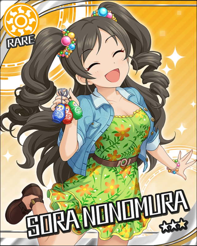 black_hair blush character_name closed_eyes dress idolmaster idolmaster_cinderella_girls long_hair nonomura_sora smile stars