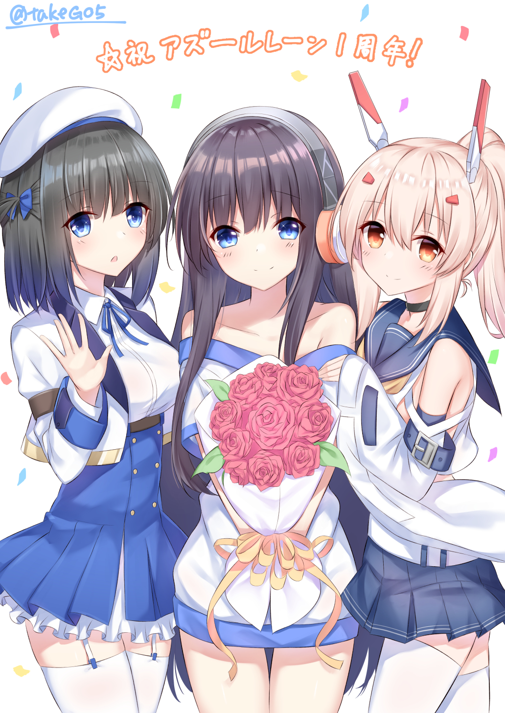 3girls acasta_(azur_lane) ayanami_(azur_lane) azur_lane bangs bare_shoulders belt_buckle beret black_choker blue_belt blue_bow blue_eyes blue_footwear blue_sailor_collar blue_skirt blush bouquet bow breasts brown_hair buckle choker closed_mouth collarbone commentary_request confetti detached_sleeves eyebrows_visible_through_hair flower garter_straps girl_sandwich hair_between_eyes hair_bow hair_ornament hairclip hand_up hat headgear headphones high-waist_skirt high_ponytail highres holding holding_bouquet light_brown_hair long_hair long_island_(azur_lane) long_sleeves medium_breasts multiple_girls neck_ribbon off_shoulder parted_lips pink_flower pink_rose pleated_skirt ponytail red_eyes ribbon rose sailor_collar sandwiched shirt short_sleeves simple_background skirt sleeveless sleeveless_shirt sleeves_past_wrists smile takeg05 thigh-highs translated twitter_username very_long_hair white_background white_belt white_hat white_legwear white_shirt yellow_neckwear