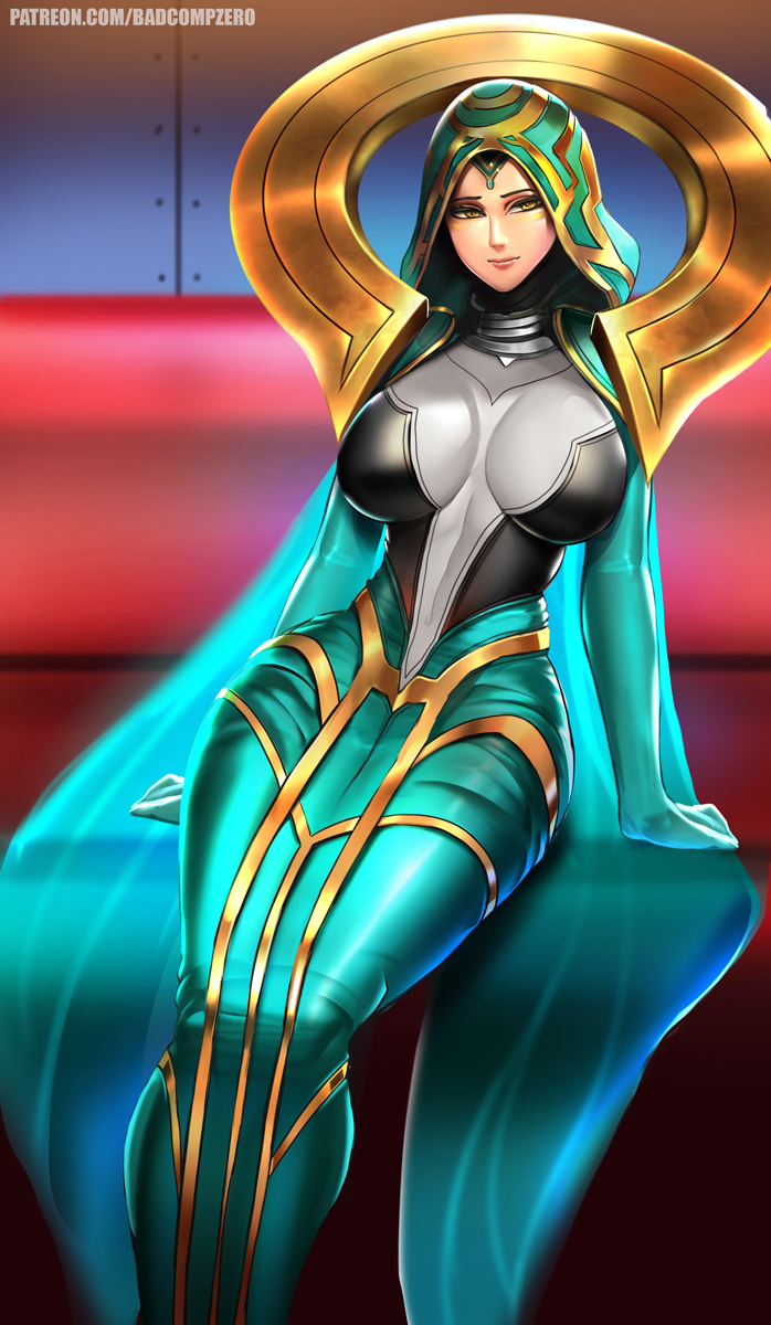 1girl badcompzero bodysuit breasts covered_navel highres hood impossible_bodysuit impossible_clothes large_breasts league_of_legends odyssey_sona skin_tight sona_buvelle tagme wide_hips yellow_eyes