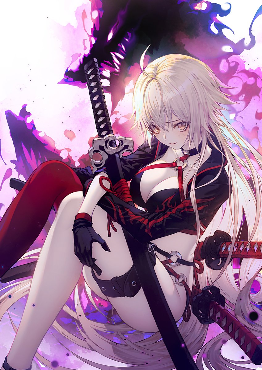 1girl ahoge bangs bikini black_bikini black_choker black_fire black_gloves black_jacket breasts choker cleavage commentary_request cropped_jacket dragon eyebrows_visible_through_hair fate/grand_order fate_(series) fire gloves hair_between_eyes highres jacket jeanne_d'arc_(alter_swimsuit_berserker) jeanne_d'arc_(fate)_(all) katana large_breasts long_hair o-ring o-ring_bikini o-ring_bottom o-ring_top red_legwear silver_hair single_thighhigh smile solo swimsuit sword thigh-highs thigh_strap waist wanke weapon yellow_eyes